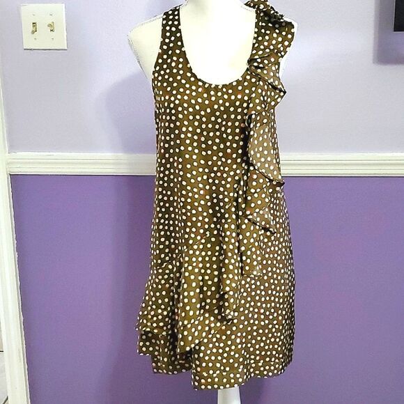 Ali Ro Tan Cream Polka Dot Silk Ruffled Shift Cocktail Event Mini Dress - Picture 1 of 11